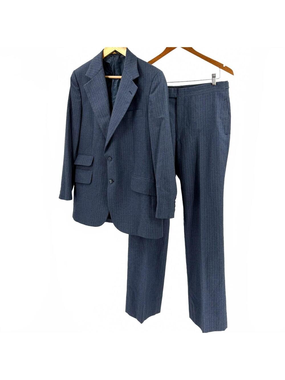 Vintage 80s Barneys Blue Gray 100% Wool Pinstripe Suit